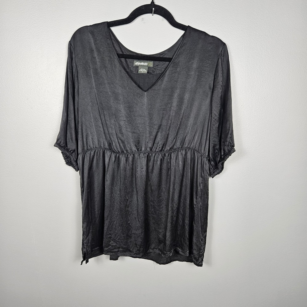 Eddie Bauer Womens Large 100% Silk Peasant Blouse V-Neck Empire Waist Y2K Black - Picture 1 of 7